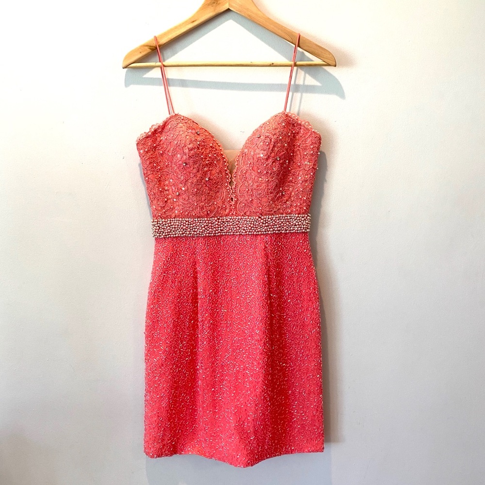 Sherri Hill Silk Beaded Peach Pink Mini Dress